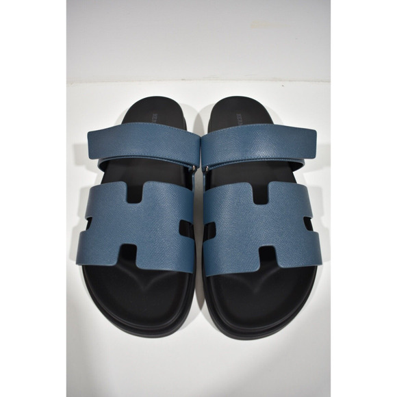 Hermes Chypre Sandal Mens Black Blue H Logo Strap Slide Slip On Flop Flat 44 11 - Picture 7 of 12